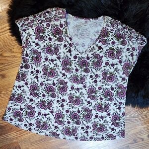 Lane Bryant Floral V-Neck Women's Swing Top Lattice Shoulders Size 14/16